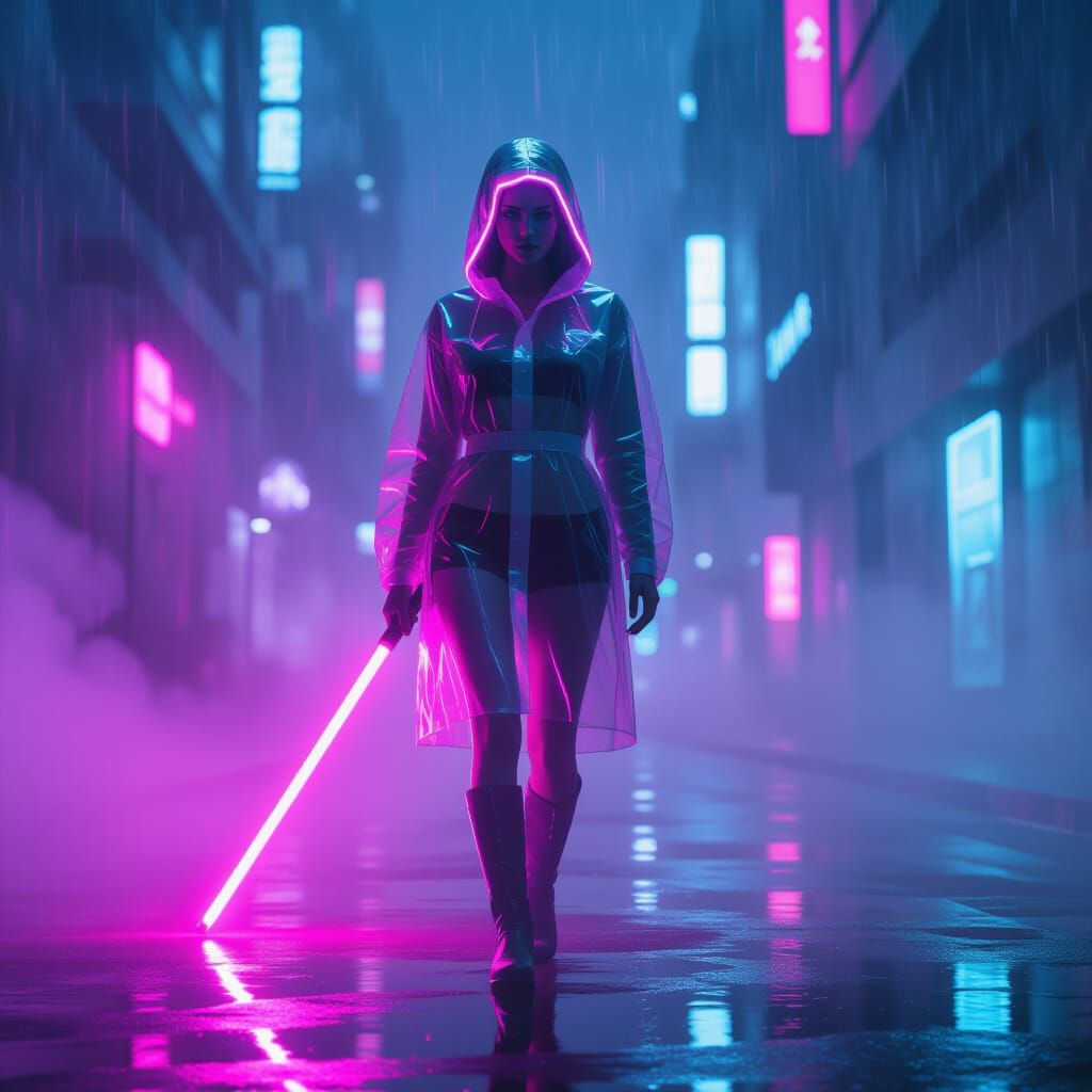 Pink Neon Laser Girl in Transparent Raincoat, Moody Grainy S...