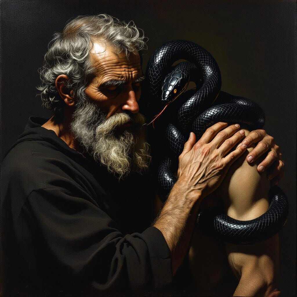 Gothic Scene: Snakes Emerge From Shoulder in Chiaroscuro Sty...