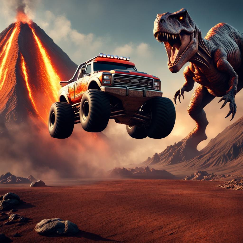 T-Rex Monster Truck Volcano Jump: Detailed Matte Painting