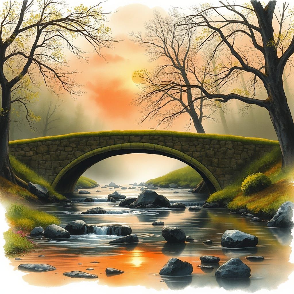 Mossy Stone Bridge in Watercolour Style