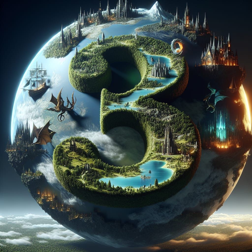 Surreal Earth Shaped Like Number 3 in Hyperrealistic 3D Land...
