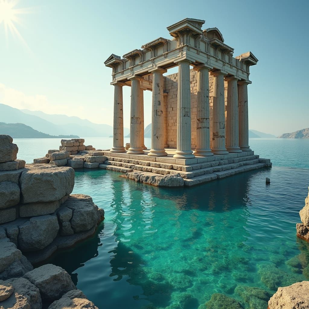 Submerged Greco-Roman Temple Ruins in Soft Sunlight