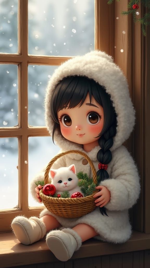 Girl with Kitten on Snowy Day in Fantasy Style