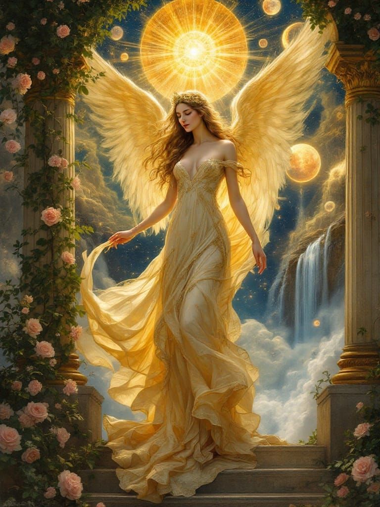 Divine Elegance Unfolds: Celestial Angel Adorned with Golden...