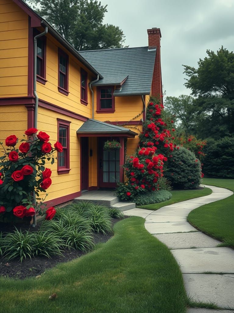 Vibrant Mustard Yellow House with Deep Red Roses