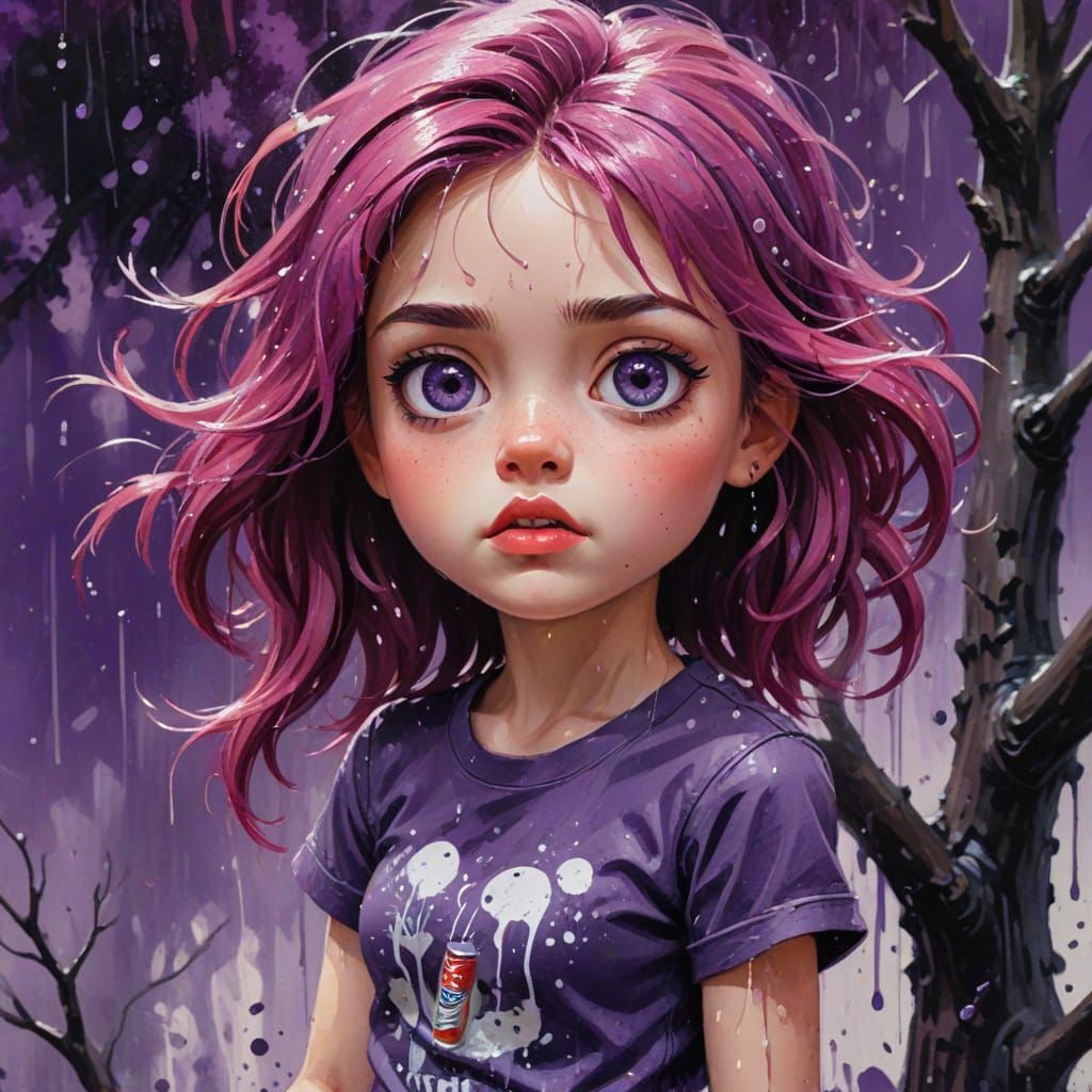 Angry Teen Girl in Dark Fantasy Chibi Gouache Style