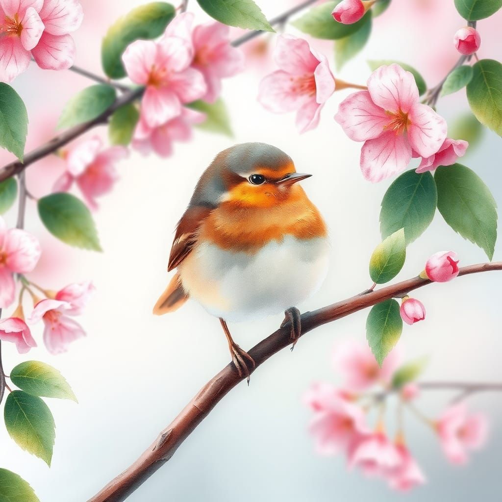 Robin in Cherry Blossoms: Watercolor Botanical Illustration
