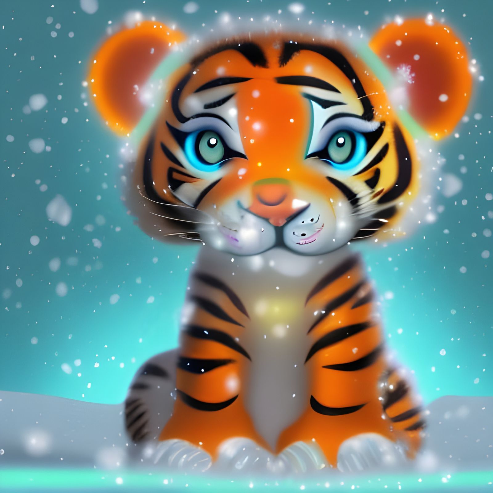 Cute Baby Tiger in Snowy Crystal Landscape