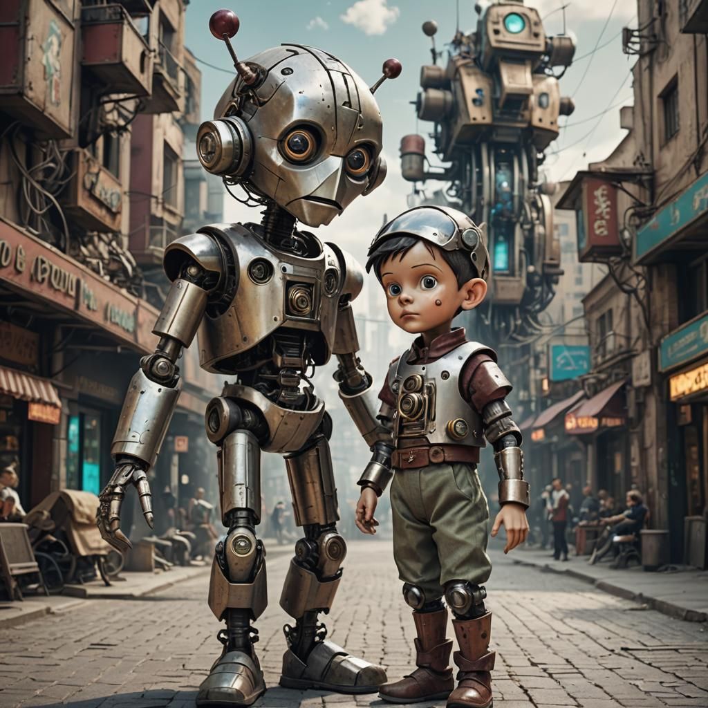 Robot Pinocchio in Cyberpunk City