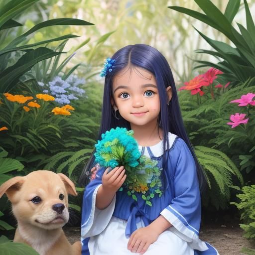 Girl and Dog in Enchanted Garden at Sunset