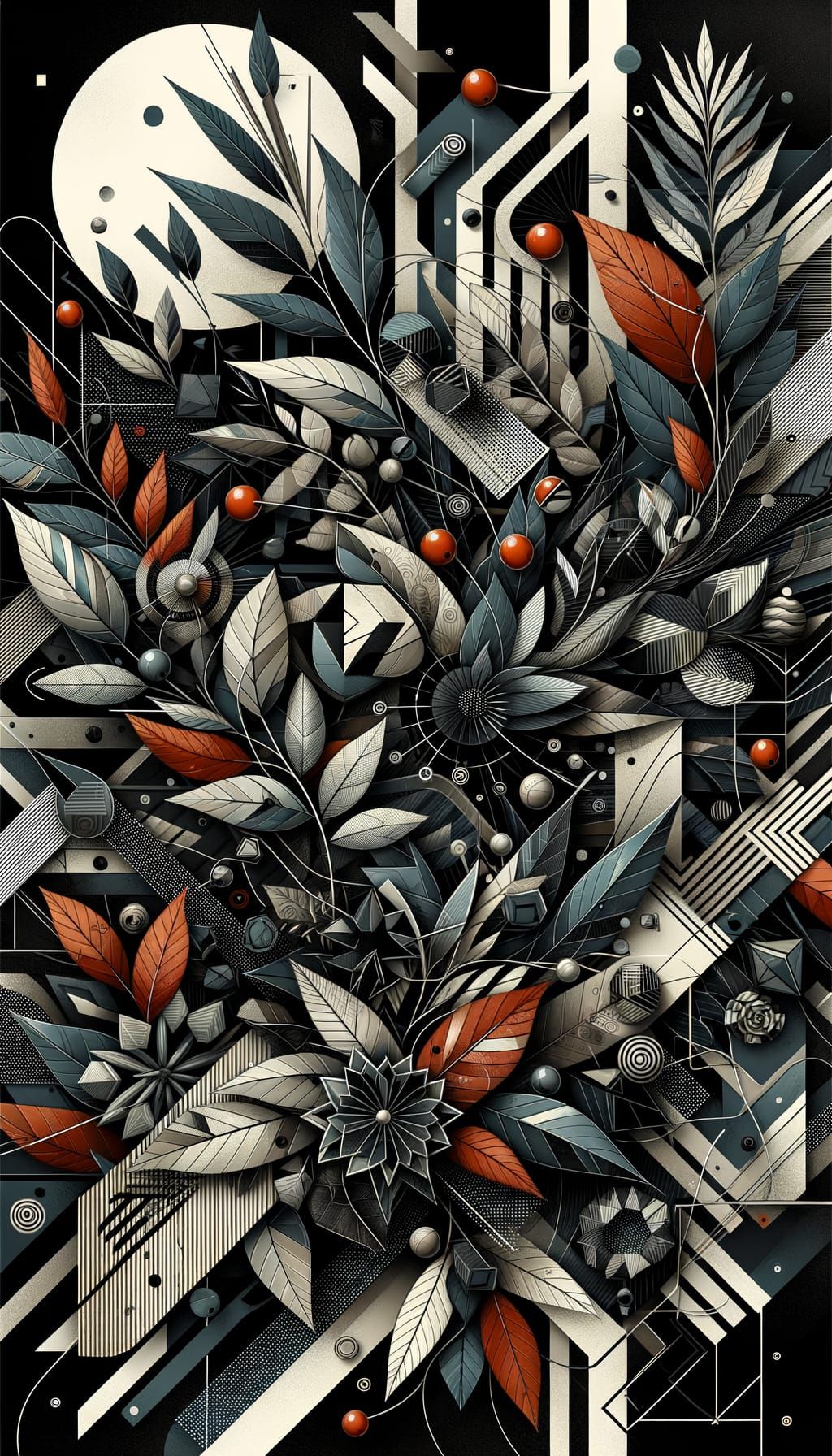 Abstract Tribal Foliage Art with Geometric Chrome Elements