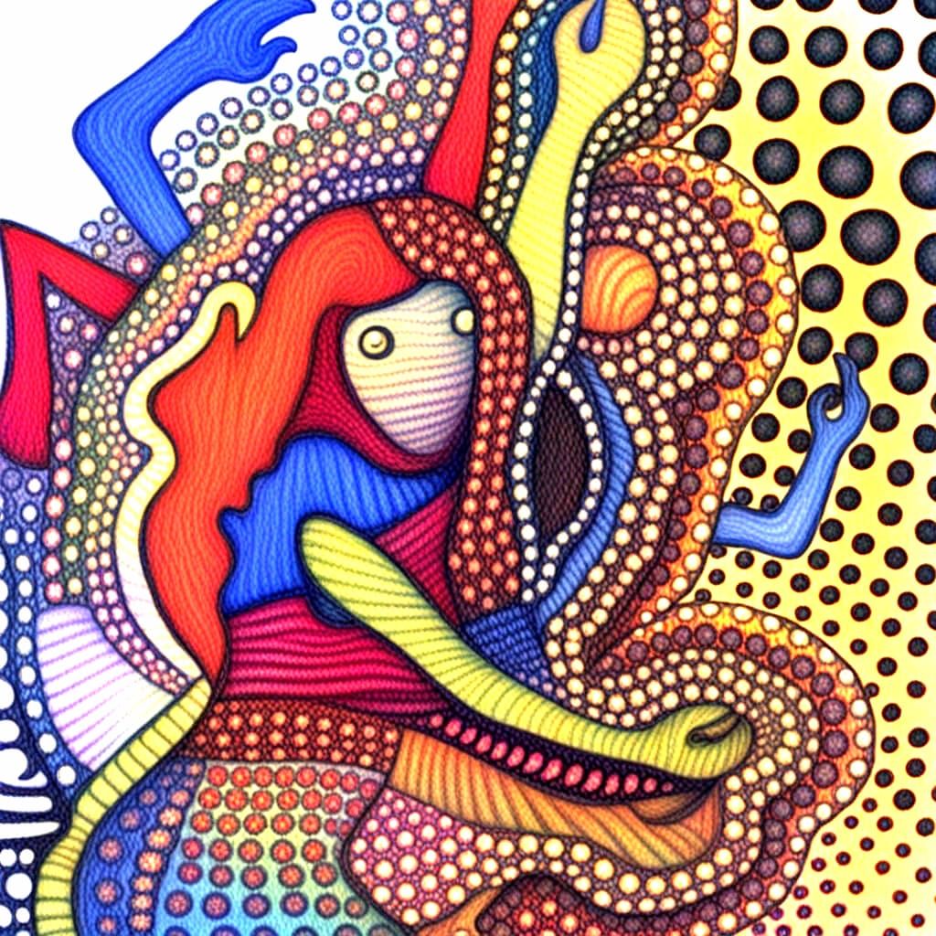 Psychedelic Sixties Belly-Dancer in Vibrant Kaleidoscope Haz...