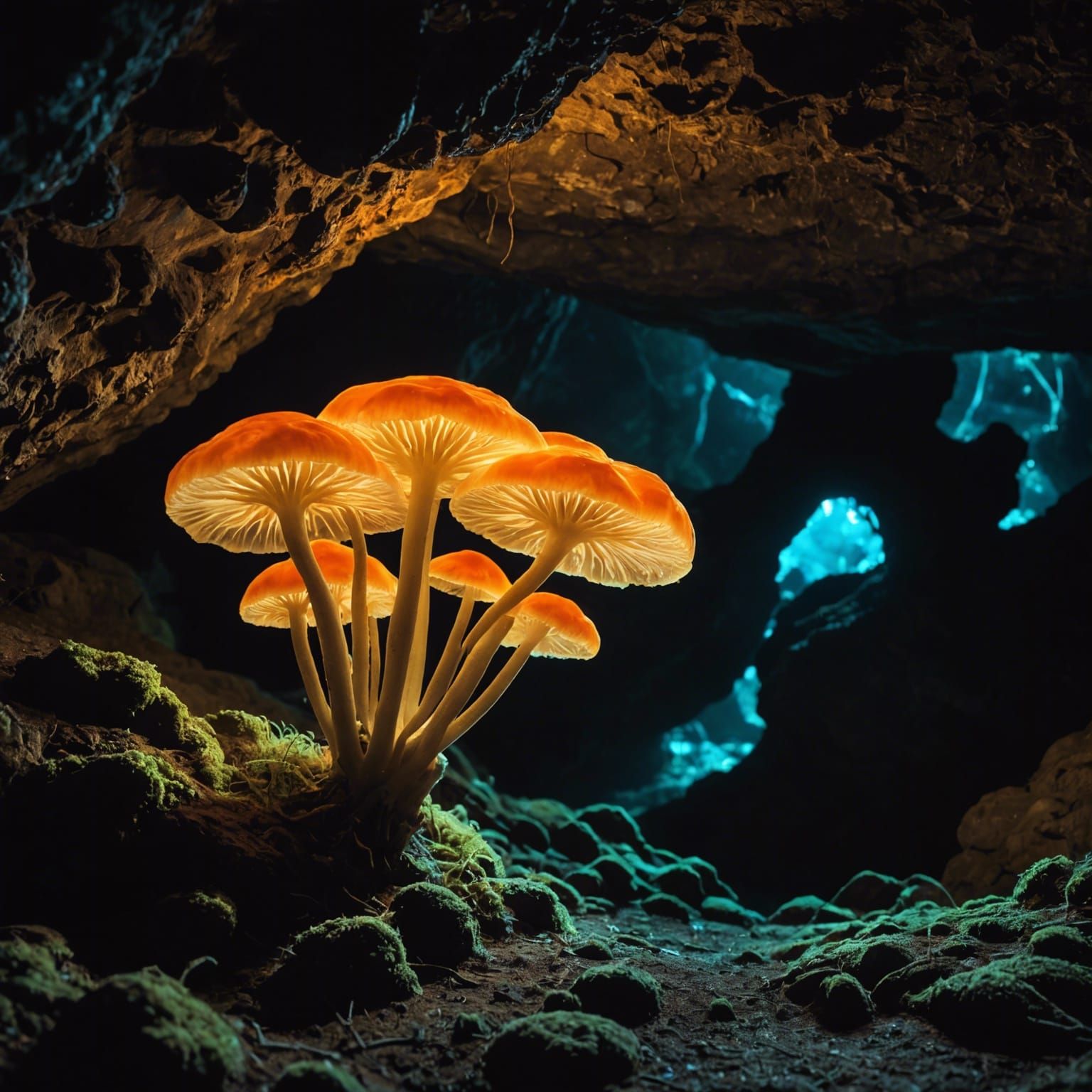Glowing fungus in a cave