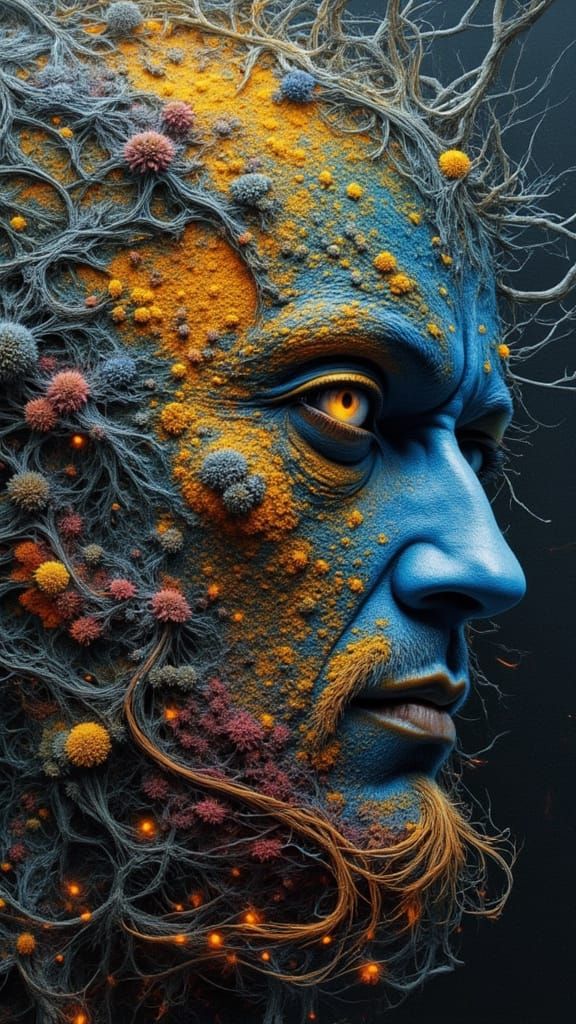 Fractal Stone Man with Rainbow Lightning, Biomechanical Art