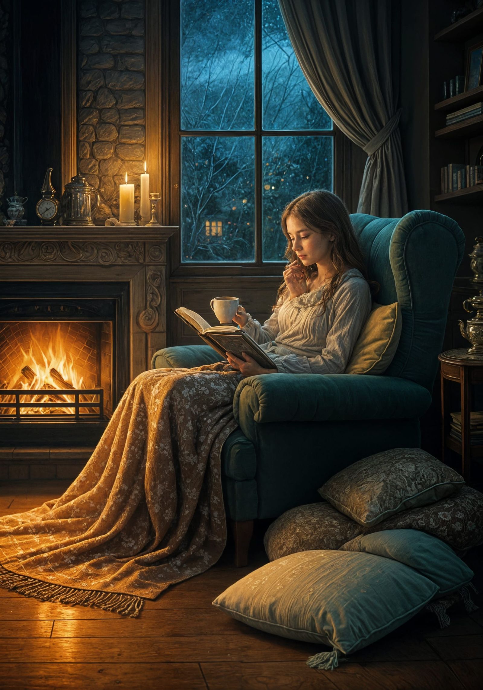 Cozy Evening Reading by Fireplace as Impressionist Painting