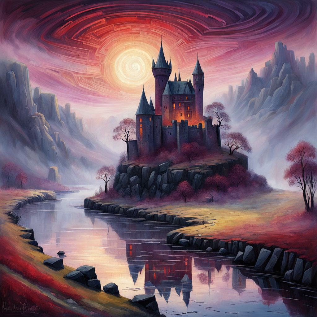 Fantastical Castle Ruin Emerges from Ethereal Morning Mist i...