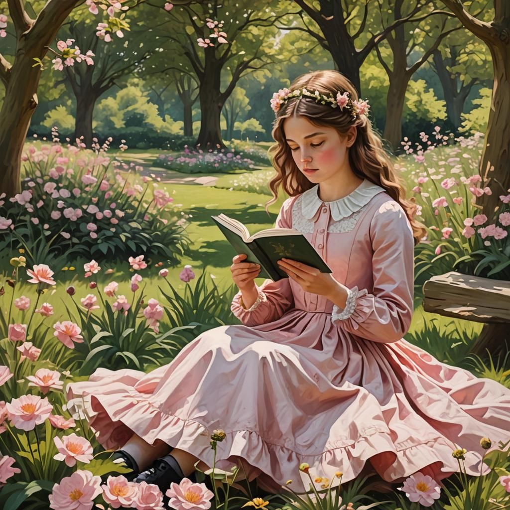 Young Woman Reading in Flower Garden: 19th Century Style
