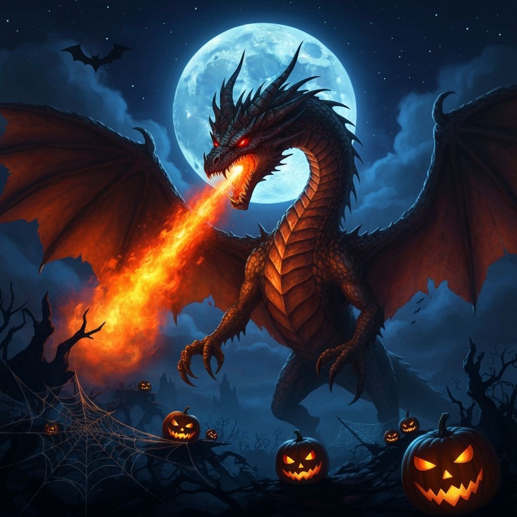 Fearsome Dragon Breathes Fire Under Halloween Full Moon