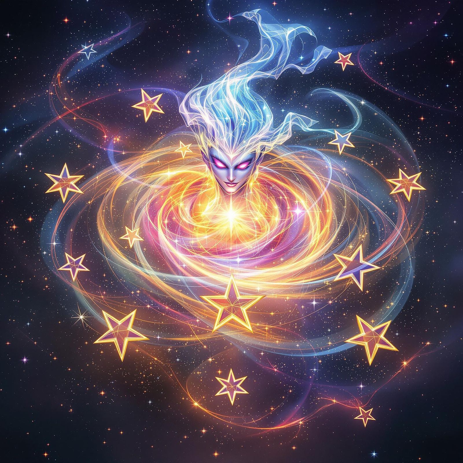 Cosmic Genie in Vibrant Galaxy, Orbited by 3D Stars