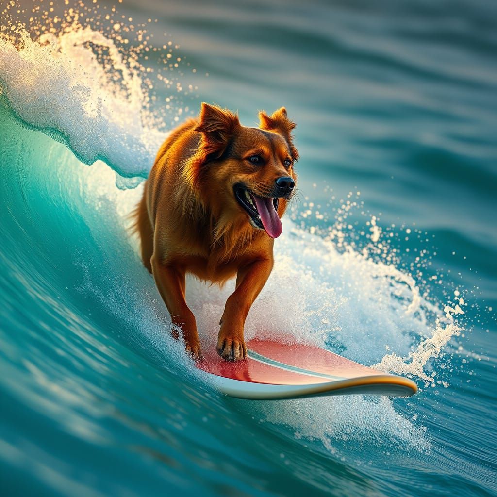 Majestic Brown Dog Rides Surfboard in Sunset