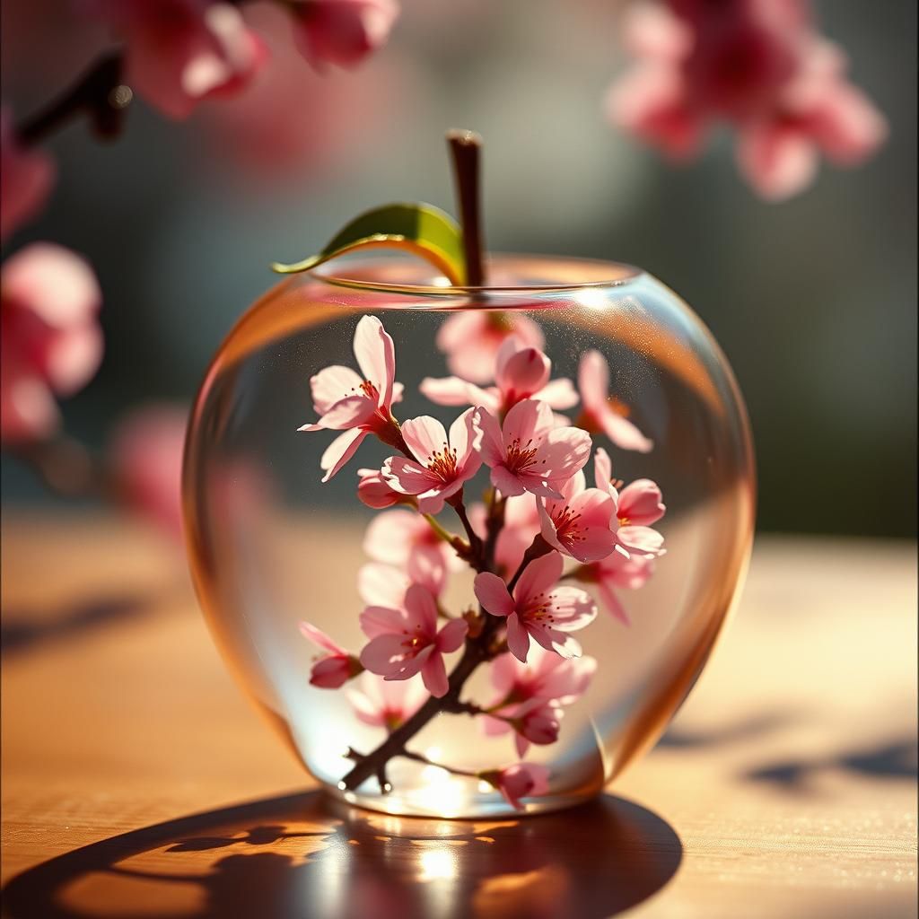 Cherry Blossoms Inside Glass Apple with Cinematic Lighting
