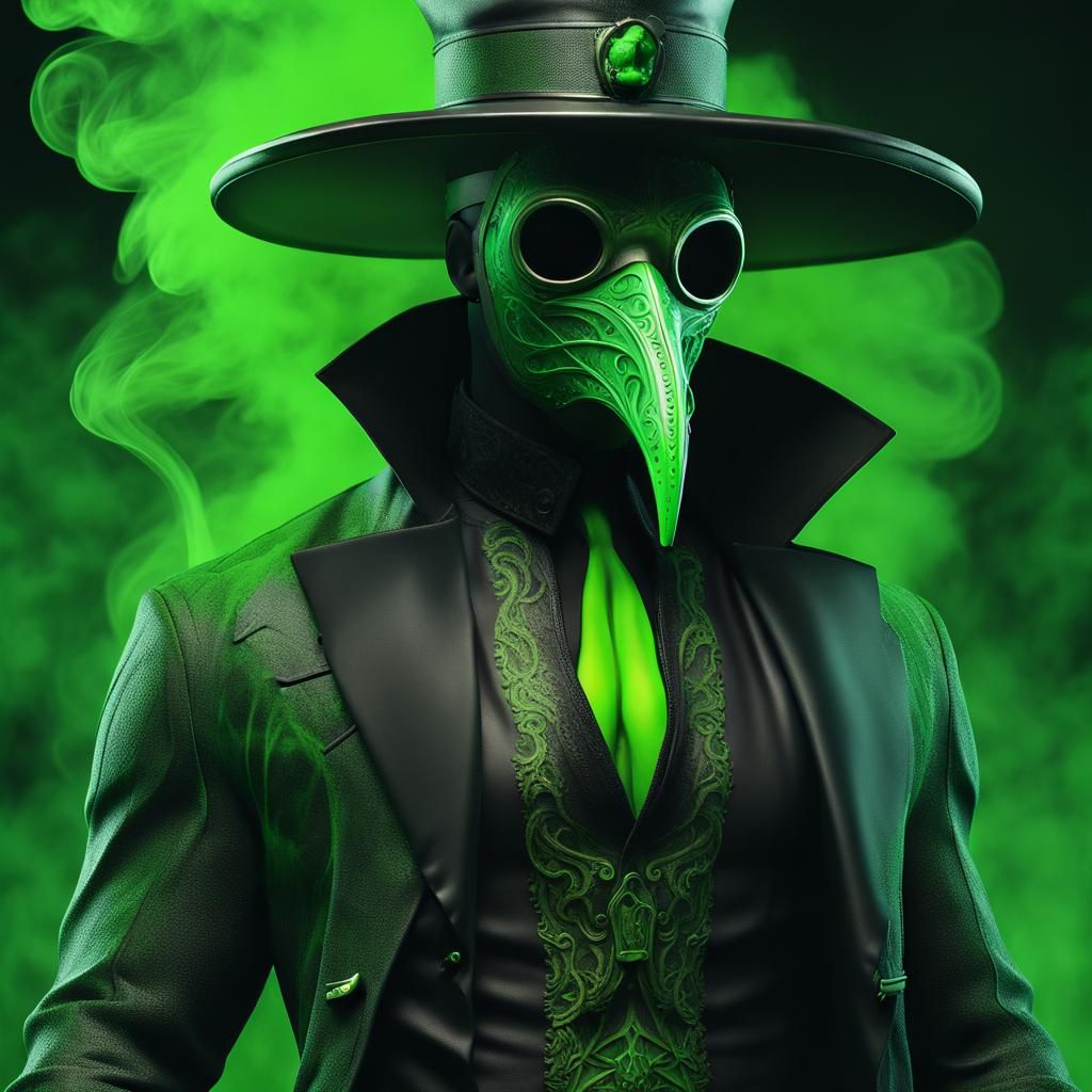 Emerald Plague Doctor in Green Smoke, 3D Render