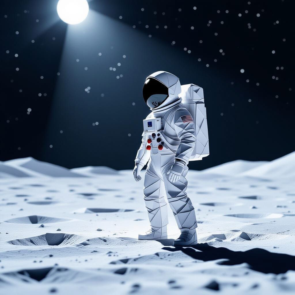 Origami Astronaut on Desolate Moonscape