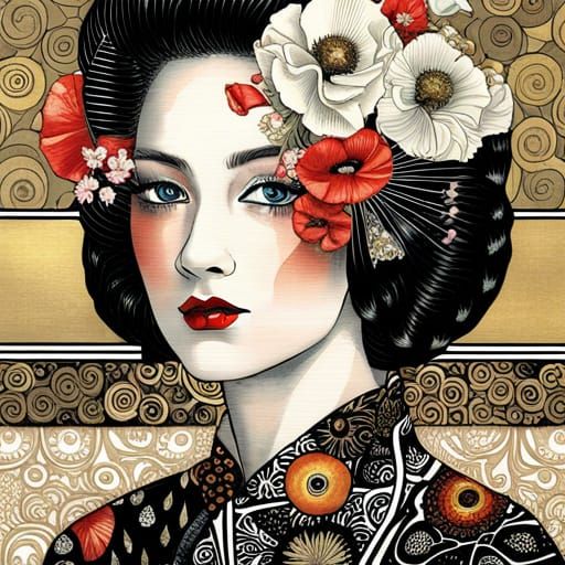 Geisha Portrait with Poppies in Collage Style