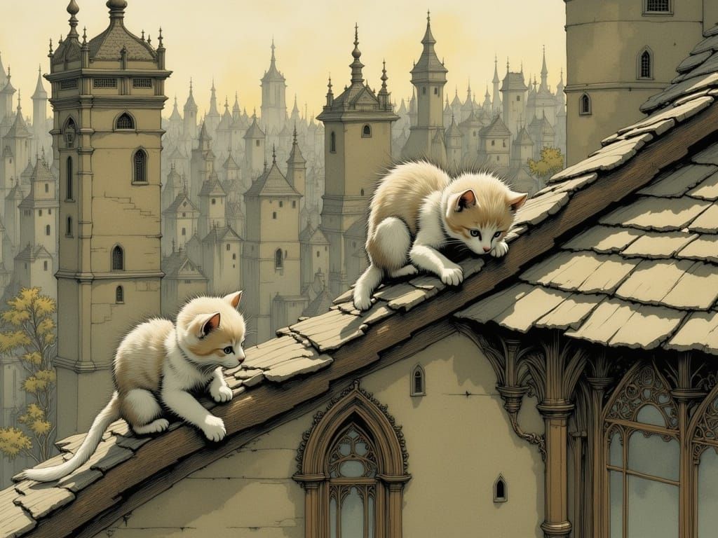 Whimsical Kittens Climb Ancient Building in Folk Art Style