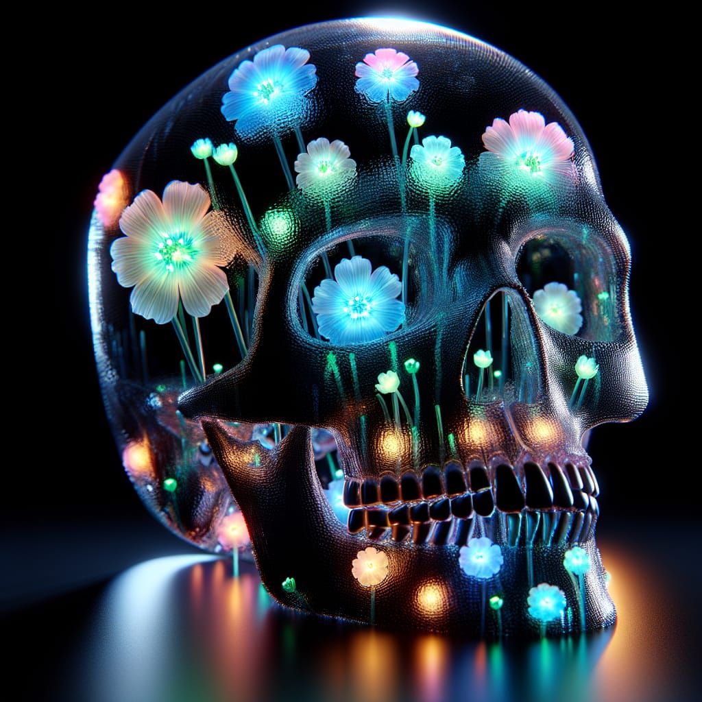 Bioluminescent Flowers in Glass Skull: Splash Art
