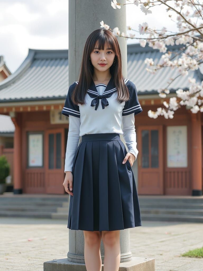 Kaori in Japanese Sailor Uniform at Shrine with Cherry Bloss...