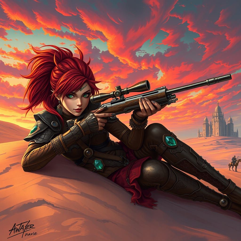 Anime Sniper Under Stormy Sunset, Art Nouveau Style