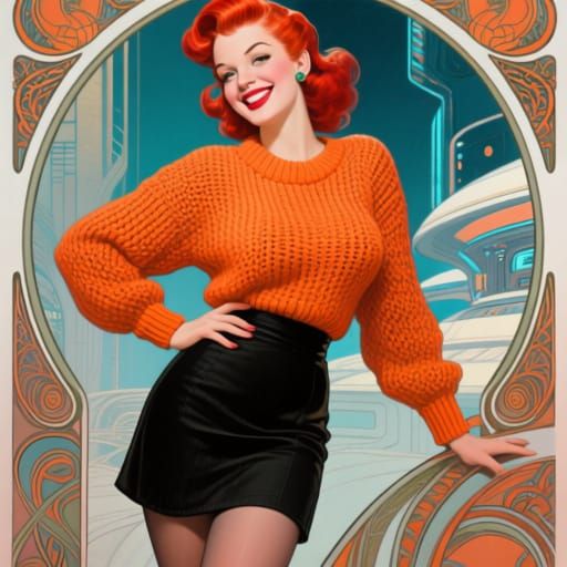 Art Nouveau Pin-Up Woman in Futuristic Style