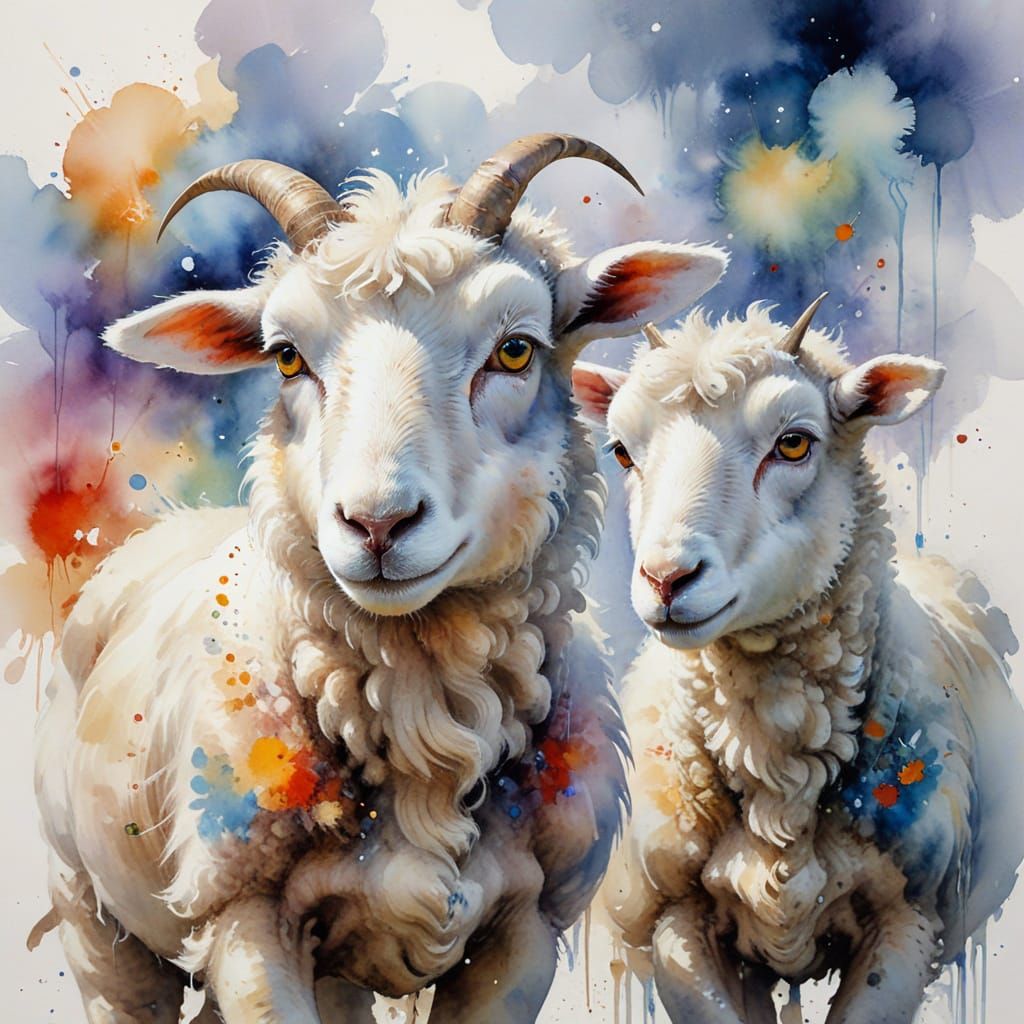 Watercolor Lamb and Sheep in Abstract Style