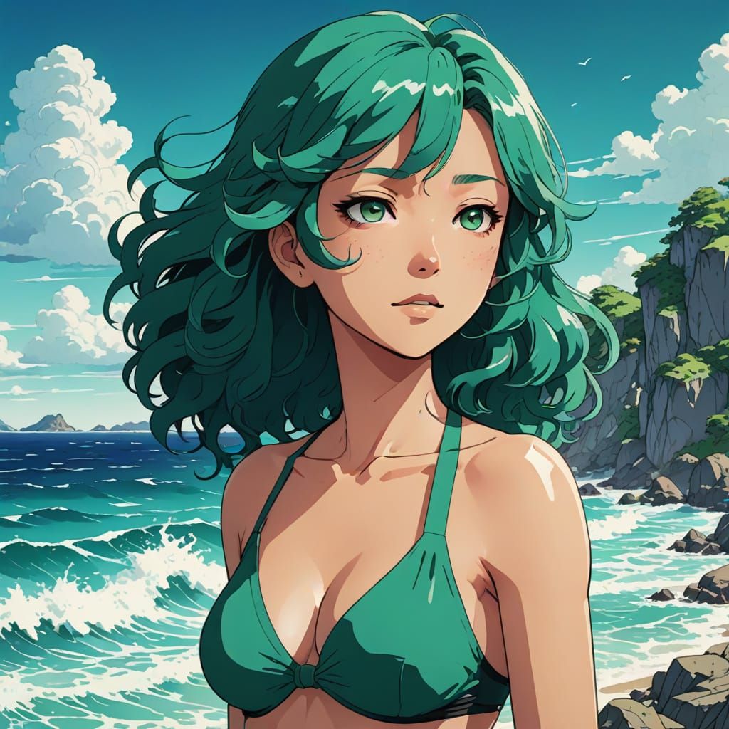 Sultry Anime Goddess Shines on Emerald Coastline