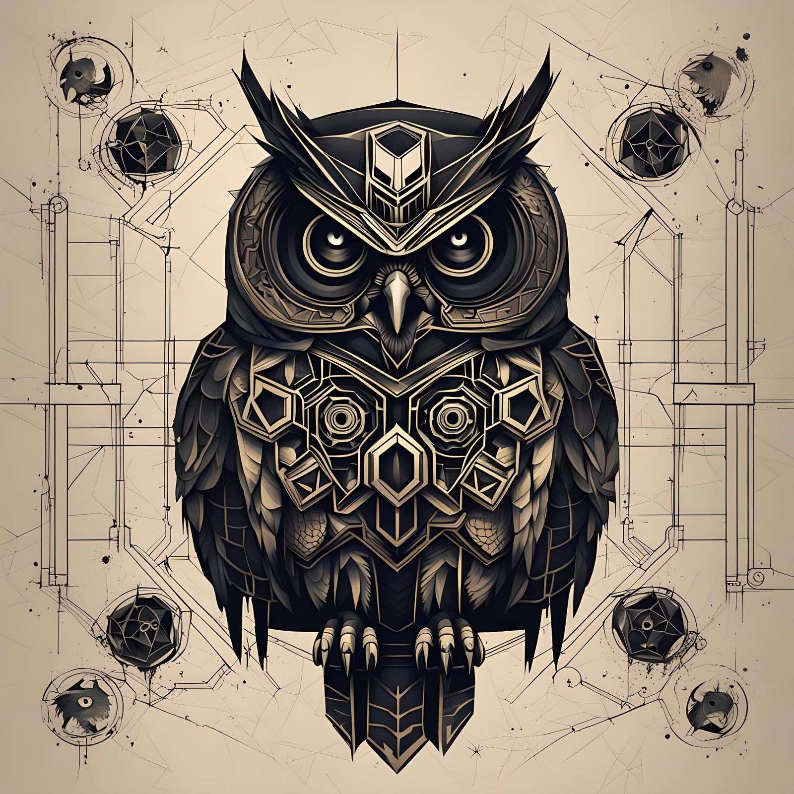 Geometric Owl with Steampunk Engine