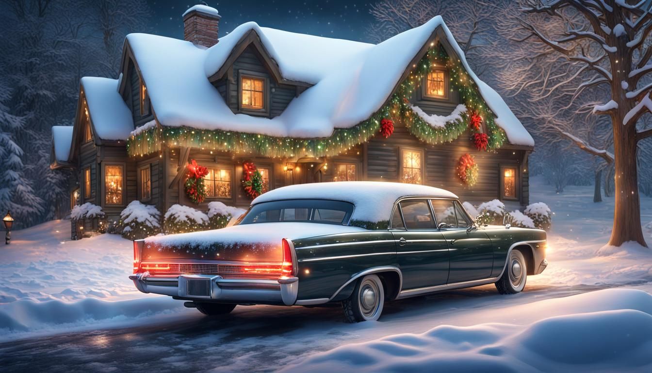 Luxury Car Arriving at Christmas Decorated House