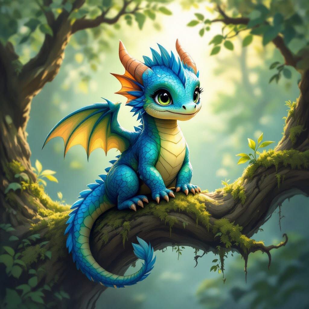 Cute Baby Dragon Perched on Ancient Tree Branch