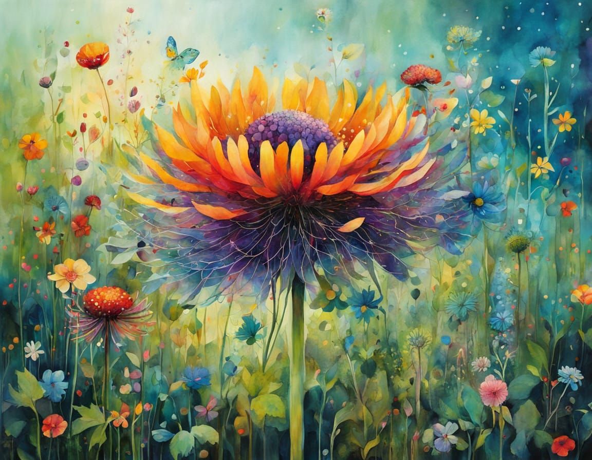 Surreal Whimsical Wildflower Illustration in Vibrant Colors