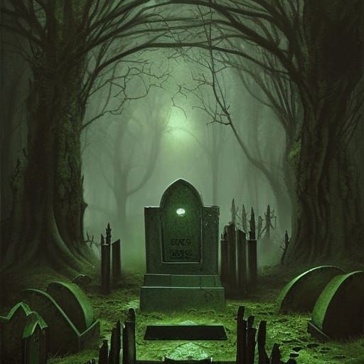 A dark and slimy tomb, dark green moss and ivy going deep underground with multiple gravestones