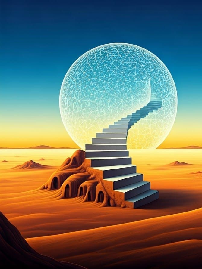 Surreal Staircase Descends into a Wireframe Moon