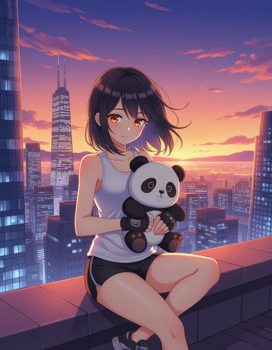 Sporty Girl with Panda Plushies on City Rooftop at Sunset