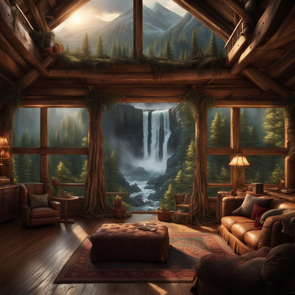 Cabin Interior with Waterfall View: Digital Matte Painting