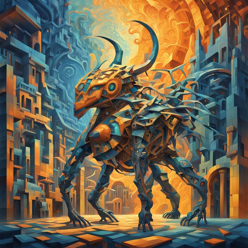 Iridescent Creature in Cubist Dreamscape, Digital Art