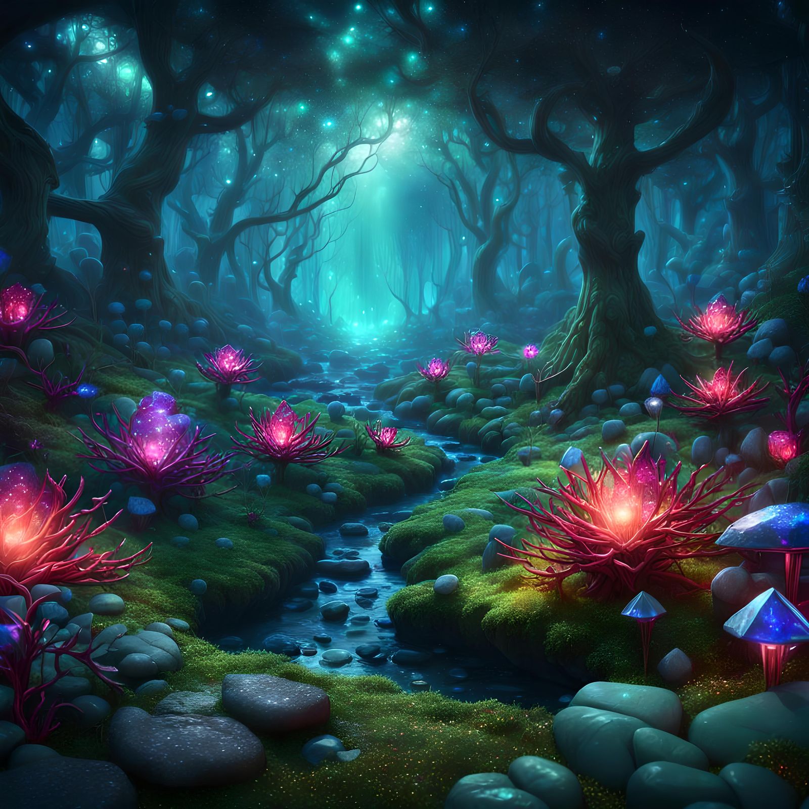 Mystical Jewel Forest at Night: Fantasy Concept Art