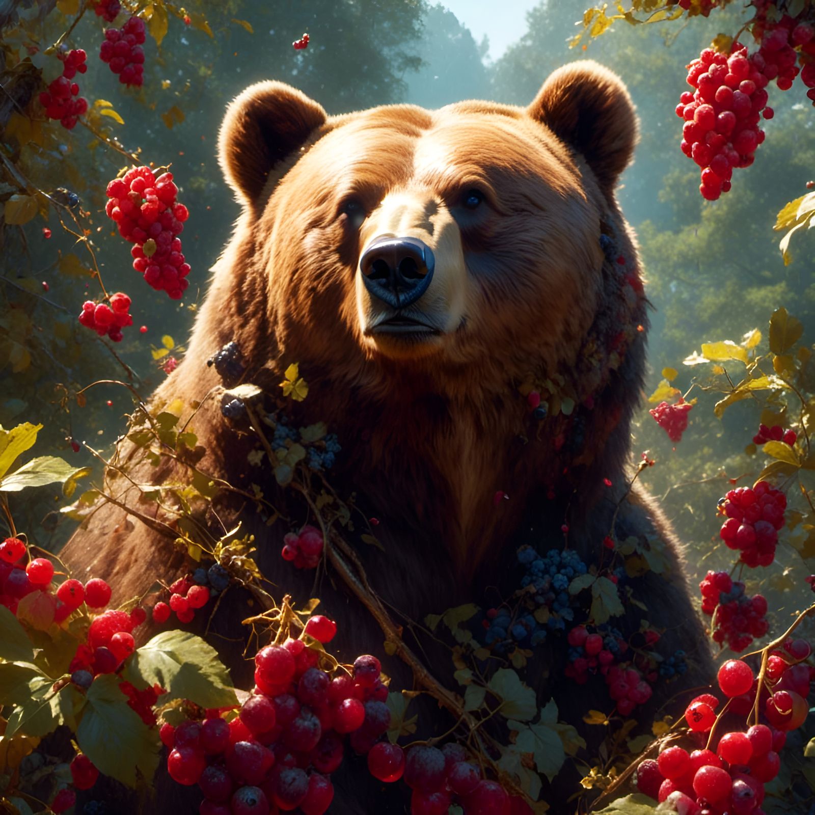 Joyful Bear Portrait with Berries in Animation Style