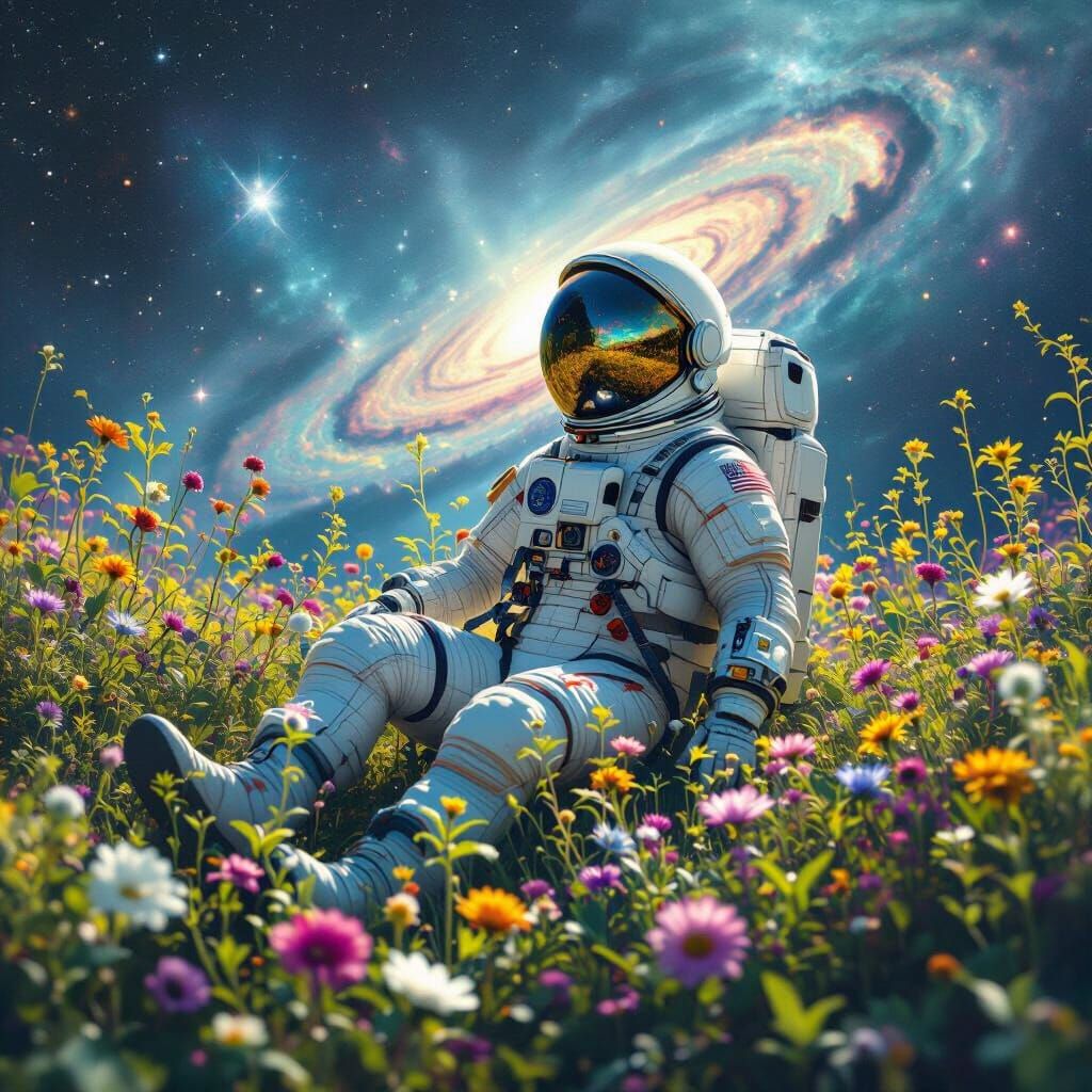 Astronaut Adrift in Cosmic Garden of Bioluminescent Flora