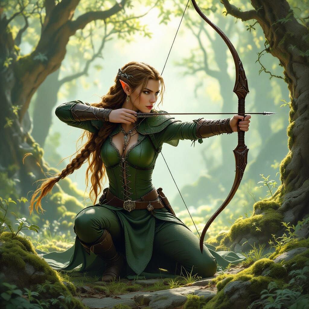Elven Huntress in Sunlit Glade, Ethereal Fantasy Art