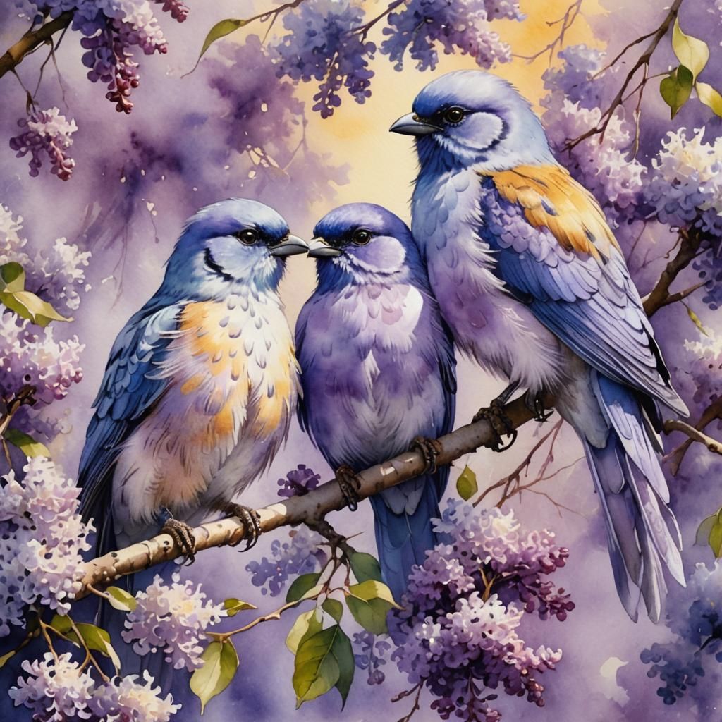 Fantasy Birds on Lilac Branch in Watercolor Style