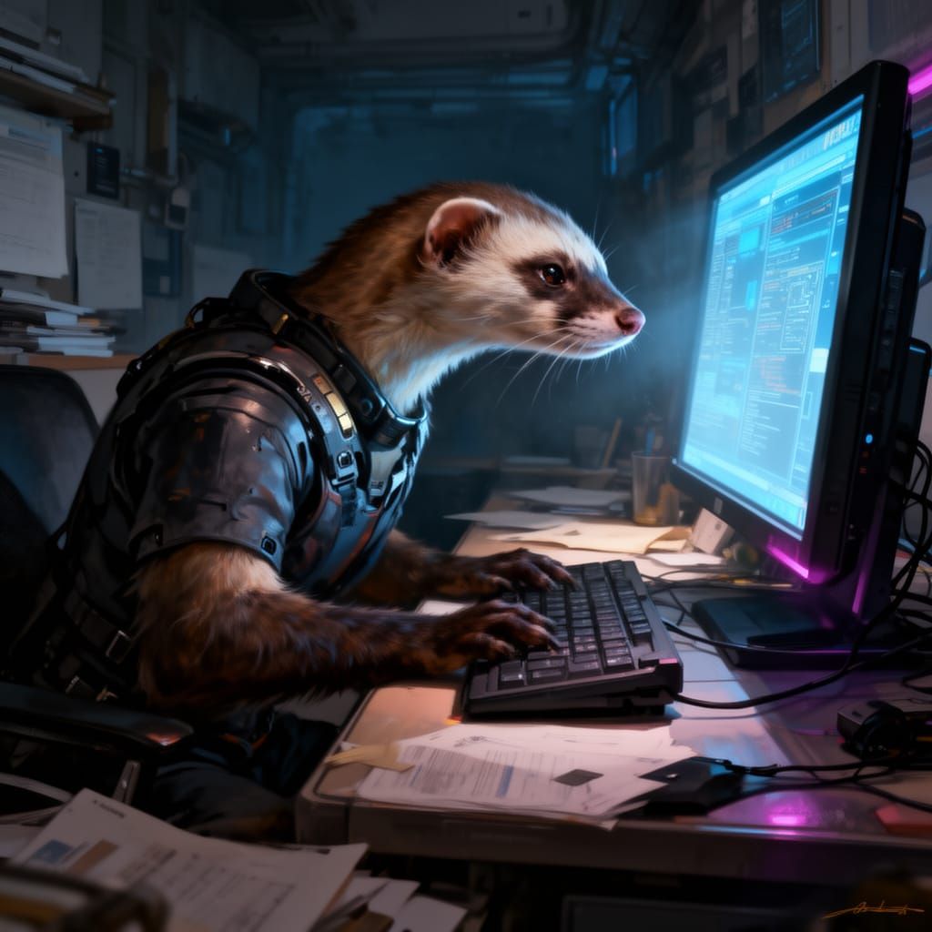 Weasel Working Intently on Glowing Computer in Dramatic Offi...
